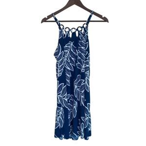 SJS Dark Teal and White Leaf Patterned Swing Dress with Spaghetti Straps - Med